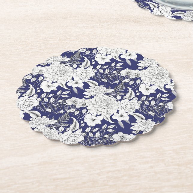 Romantic rose peony eucalyptus line drawing purple paper coaster (Angled)