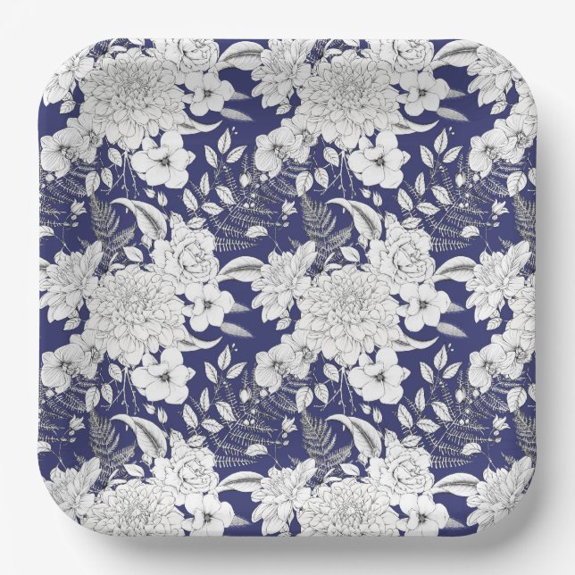 Romantic rose peony eucalyptus line drawing purple paper plates (Front)