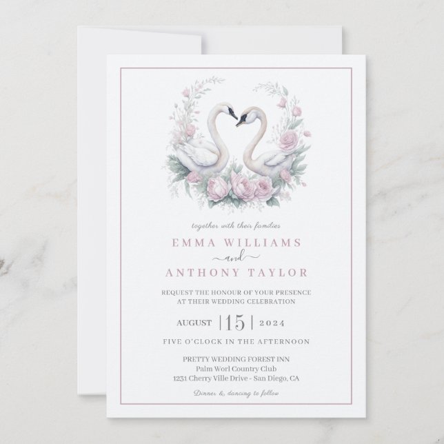 Romantic Rose Swan Couple Wedding Invitation (Front)
