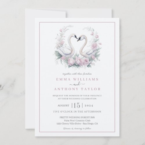 Romantic Rose Swan Couple Wedding Invitation