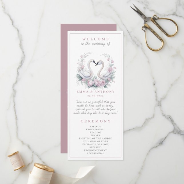 Romantic Rose Swan Couple Wedding Program (Front/Back In Situ)