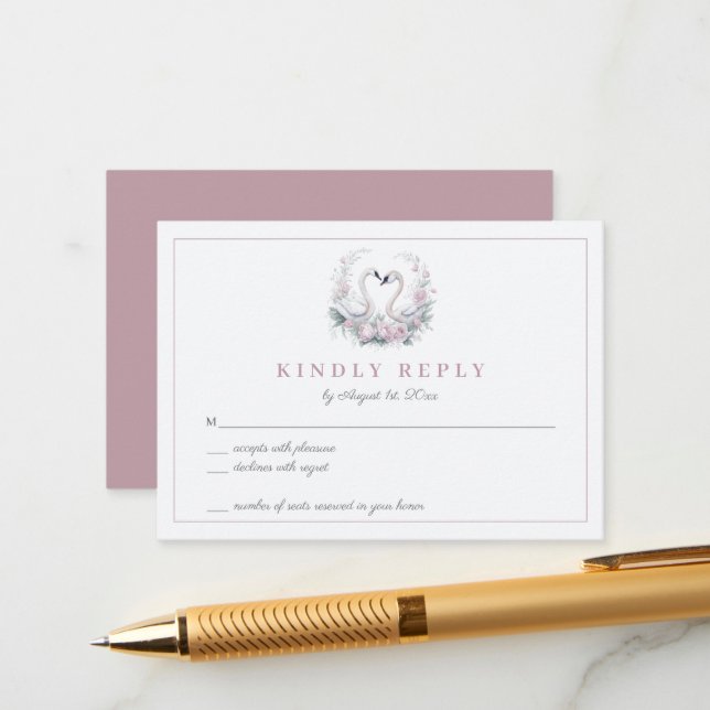 Romantic Rose Swan Couple Wedding RSVP Card (Front/Back In Situ)