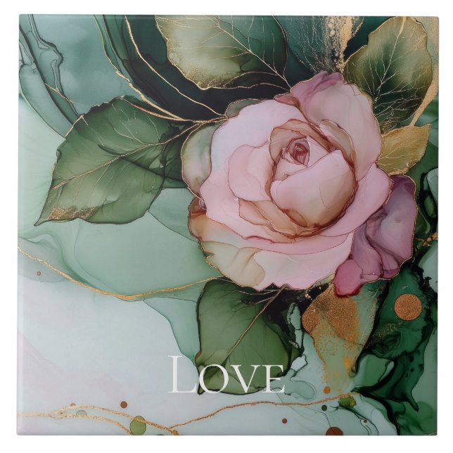 Romantic Rose White Pink Gold Floral Love Ceramic Tile (Front)