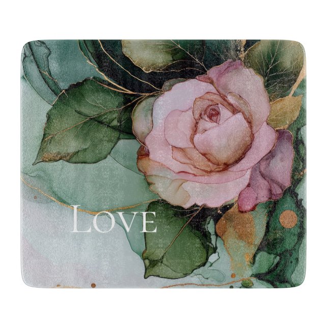 Romantic Rose White Pink Gold Floral Love  Cutting Board (Front)