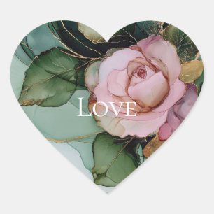 Romantic Rose White Pink Gold Floral Love Heart Sticker