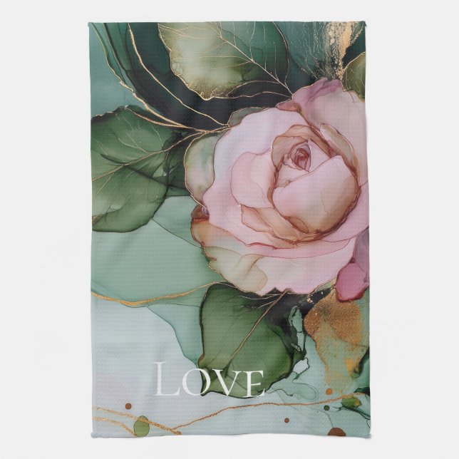 Romantic Rose White Pink Gold Floral Love  Kitchen Towel (Vertical)