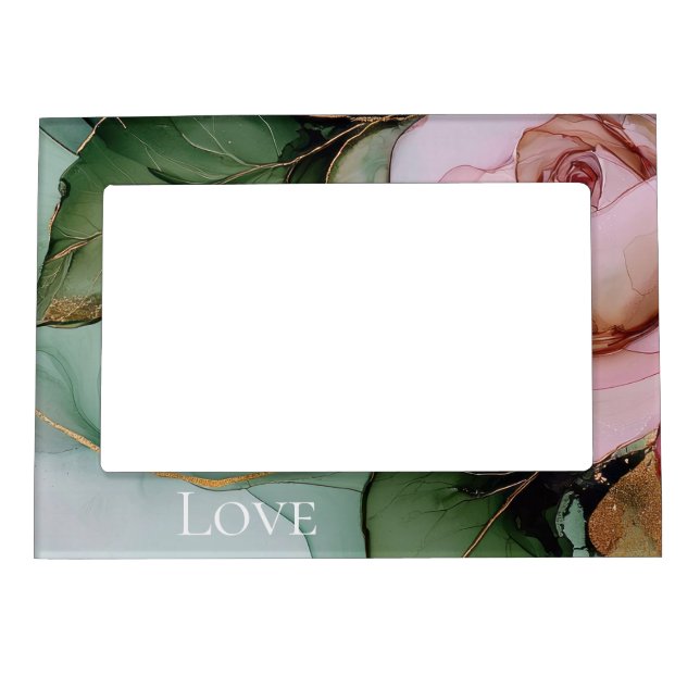 Romantic Rose White Pink Gold Floral Love  Magnetic Frame (Front)