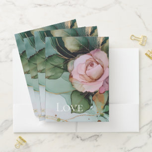 Romantic Rose White Pink Gold Floral Love Pocket Folder