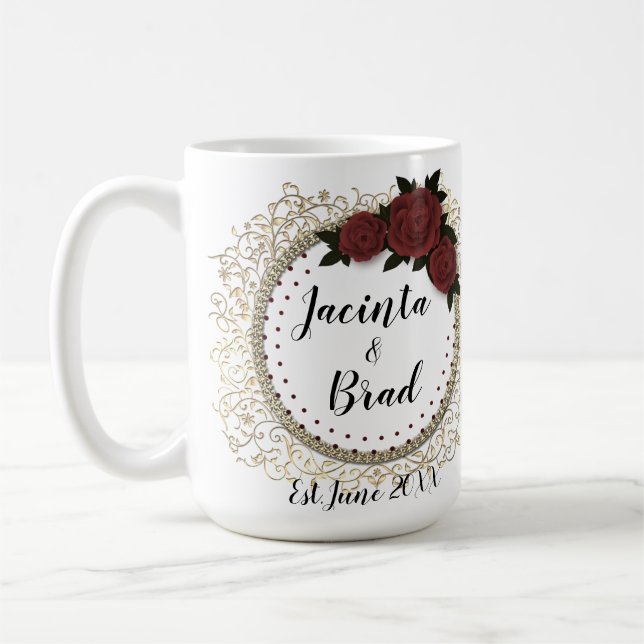 Romantic Rose Wreath Feather Wedding  Coffee Mug (Left)