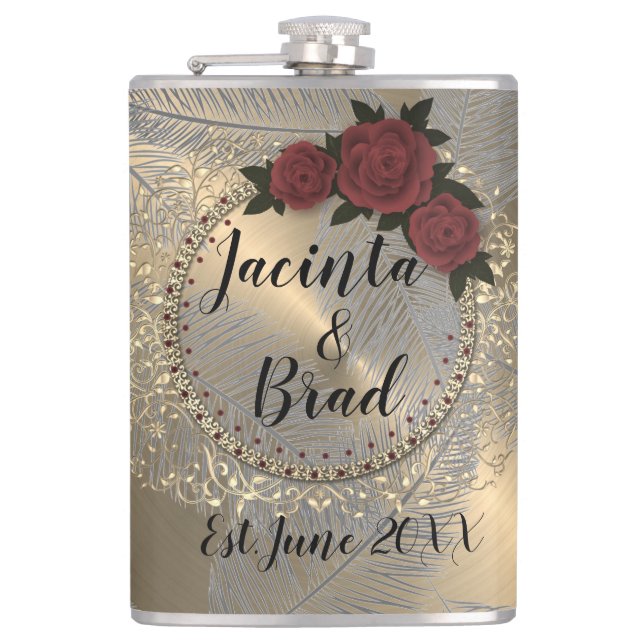 Romantic Rose Wreath Feather Wedding    Flask (Front)