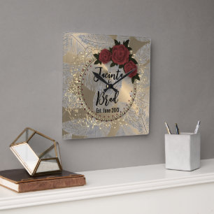 Romantic Rose Wreath Feather Wedding Square Wall Clock