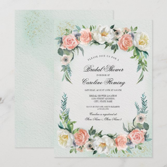 Romantic Rose Wreath Watercolor Bridal Shower Invitation (Front/Back)
