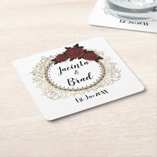 Romantic Rose Wreath Wedding Personalized  Square Paper Coaster (Angled)