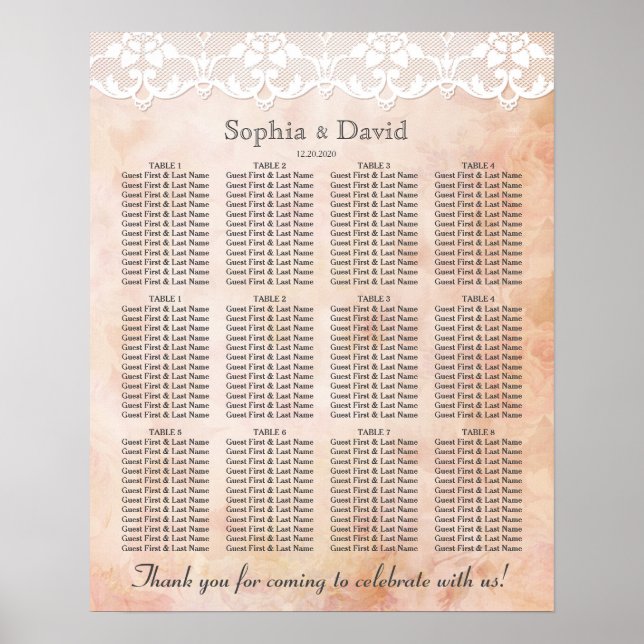 Romantic Roses and Lace Wedding Seating Chart (Front)
