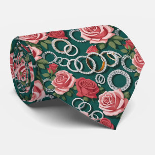 Romantic Roses And Sparkling Diamond Wedding Rings Neck Tie