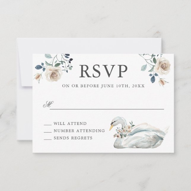 Romantic Roses and Swan Wedding RSVP Card (Front)