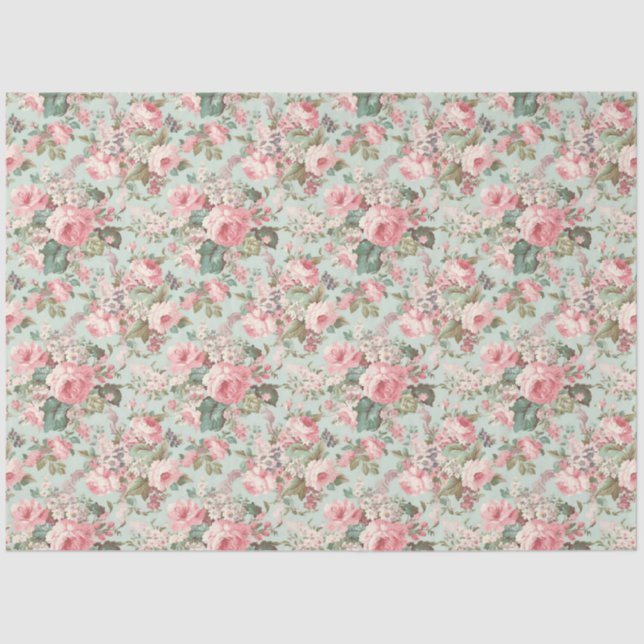 Romantic Roses Blush Pink on Mint Decoupage Tissue Paper (Front)