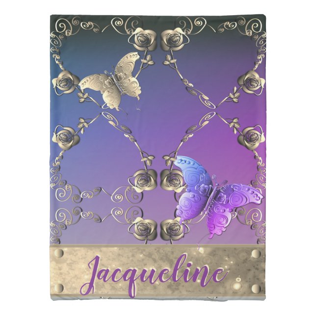 Romantic Roses & Butterflies Purple/Blue Duvet Cover (Back)