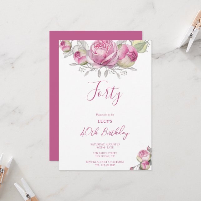 Romantic Roses Decoration Birthday Party Invitation (Front/Back In Situ)
