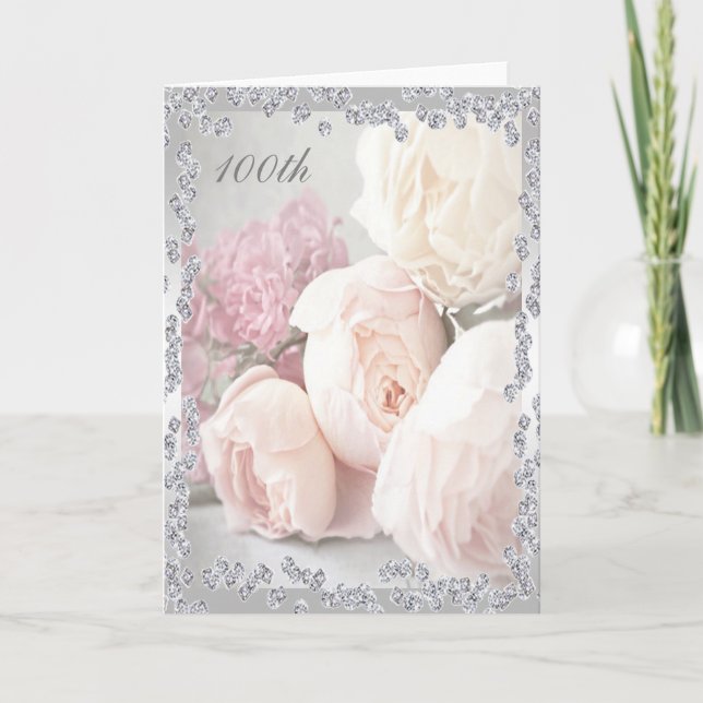 Romantic Roses & Diamonds 100th Birthday Card (Front)