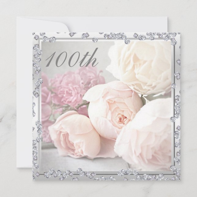 Romantic Roses & Diamonds 100th Birthday Party Invitation (Front)
