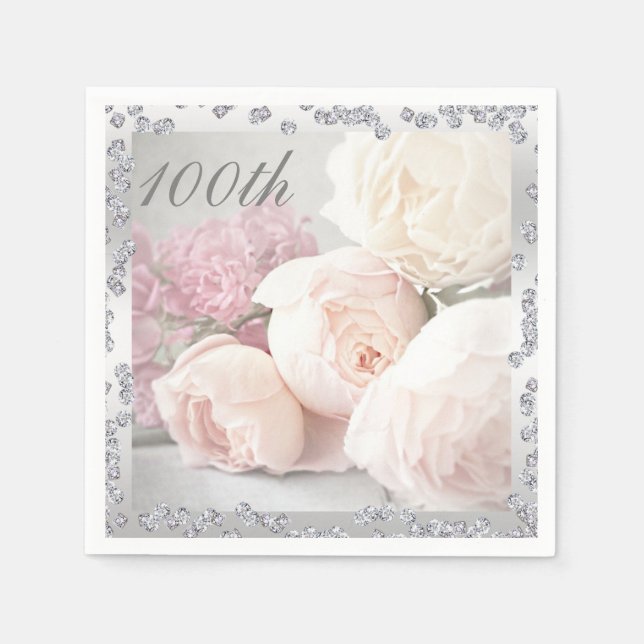 Romantic Roses & Diamonds 100th Birthday Serviette Paper Napkins (Front)