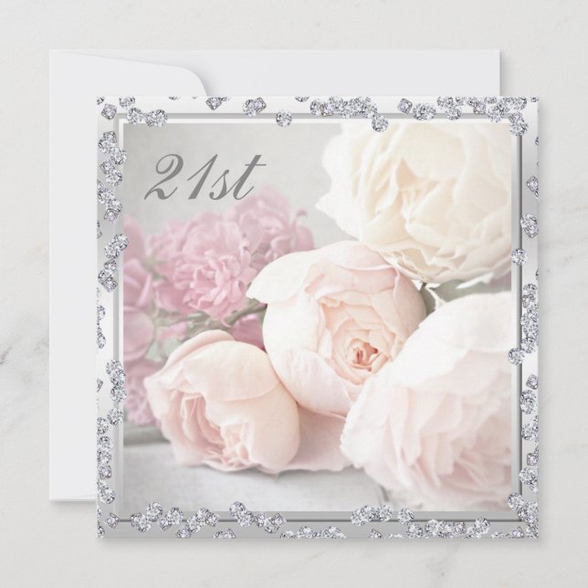 Romantic Roses & Diamonds 21st Birthday Party Invitation (Front)