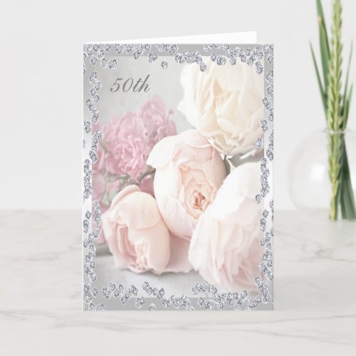 Romantic Roses  Diamonds 50th Birthday Card
