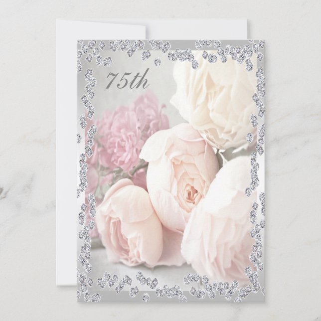 Romantic Roses & Diamonds 75th Birthday Party Invitation (Front)