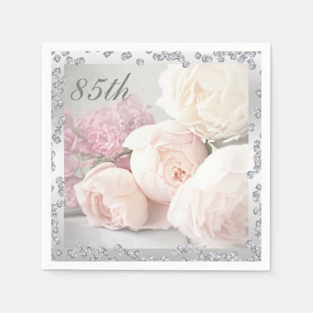 Romantic Roses & Diamonds 85th Birthday Serviettes Napkins (Front)
