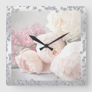 Romantic Roses & Diamonds Square Wall Clock