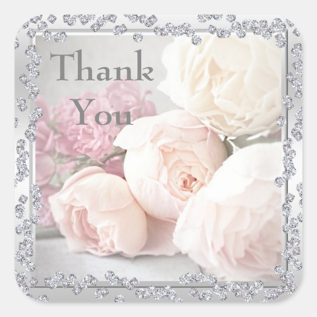 Romantic Roses & Diamonds Thank You Square Sticker (Front)