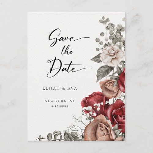 Romantic Roses  Eucalyptus Save the Date Announcement Postcard