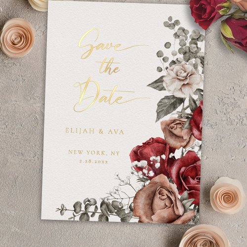 Romantic Roses  Eucalyptus Save the Date Foil Invitation