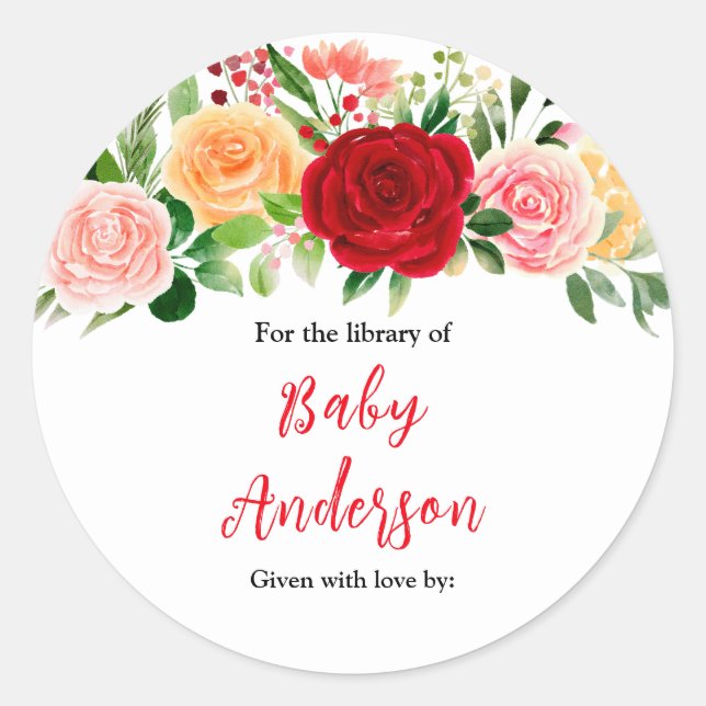 Romantic Roses Floral Baby Shower Bookplate (Front)