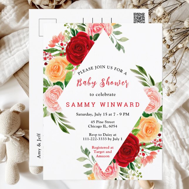 Romantic Roses Floral Baby Shower Postcard (Creator Uploaded)