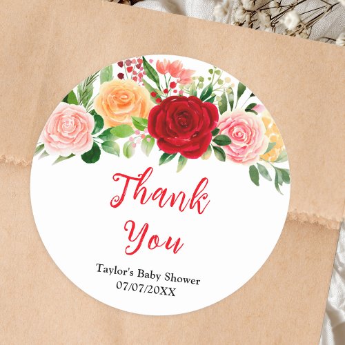 Romantic Roses Floral Baby Shower Thank You Classic Round Sticker