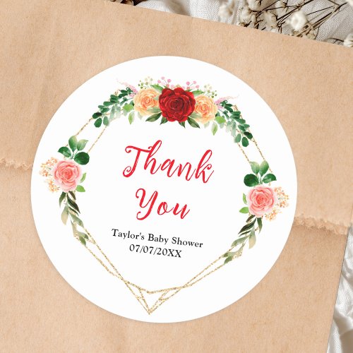 Romantic Roses Floral Baby Shower Thank You Classic Round Sticker