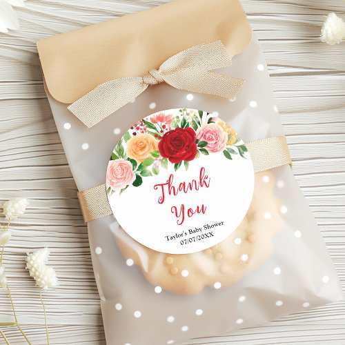 Romantic Roses Floral Baby Shower Thank You Classic Round Sticker