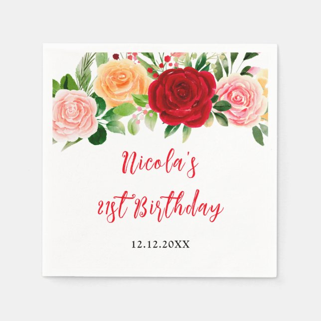 Romantic Roses Floral Birthday Napkins (Front)