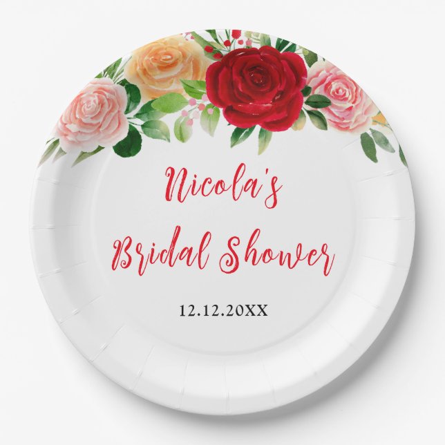 Romantic Roses Floral Bridal Shower Paper Plates (Front)