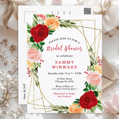 Romantic Roses Floral Bridal Shower Postcard