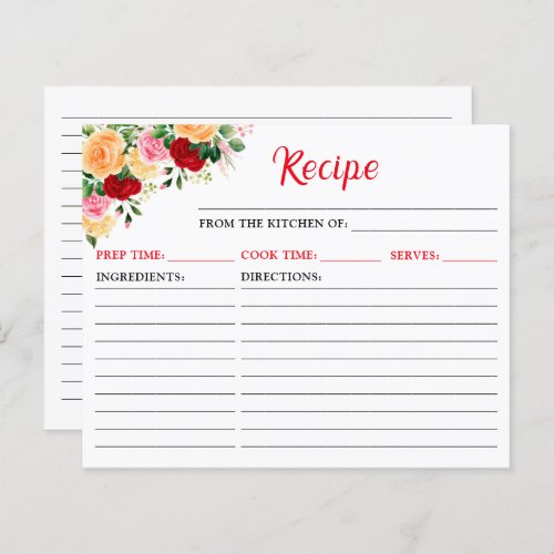 Romantic Roses Floral Recipe Card