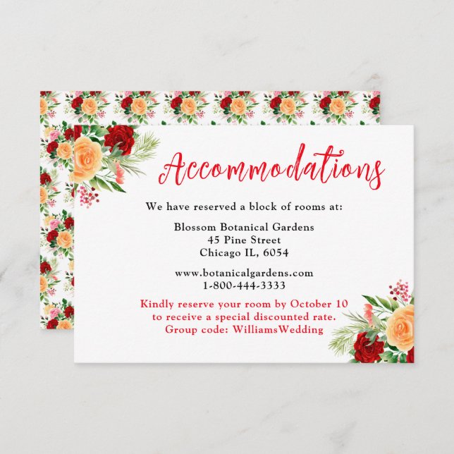 Romantic Roses Floral Wedding Accommodations Enclosure Card (Front/Back)