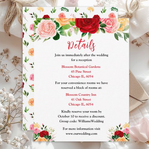 Romantic Roses Floral Wedding Details Enclosure Card