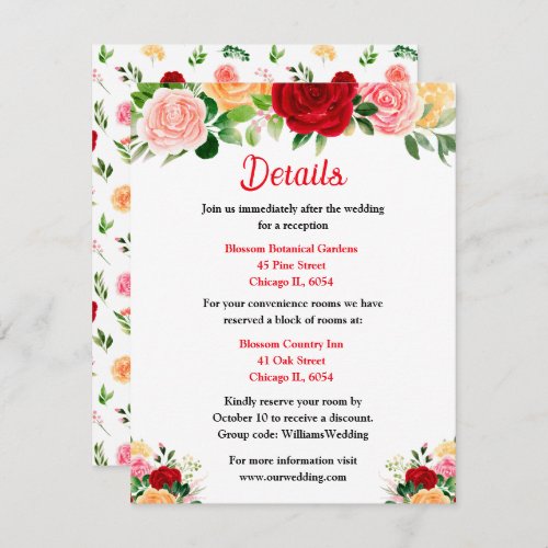Romantic Roses Floral Wedding Details Enclosure Card