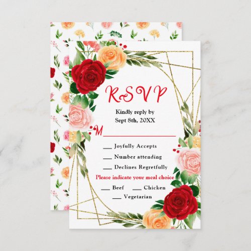 Romantic Roses Floral Wedding Meal Choice RSVP Card