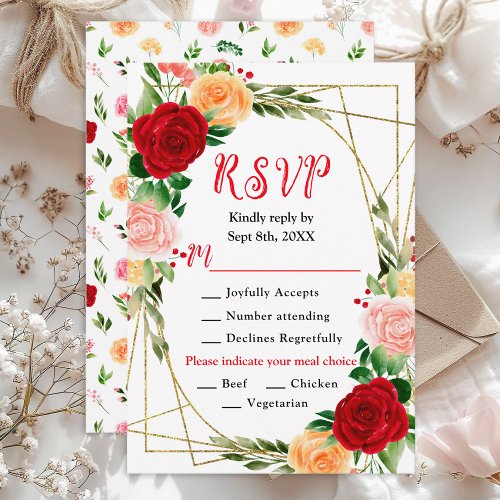 Romantic Roses Floral Wedding Meal Choice RSVP Card