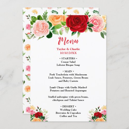 Romantic Roses Floral Wedding Menu