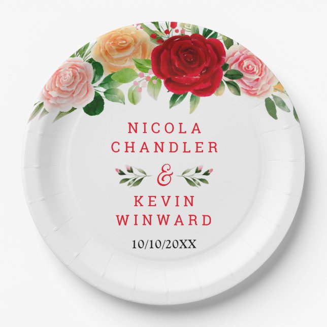 Romantic Roses Floral Wedding Paper Plates (Front)